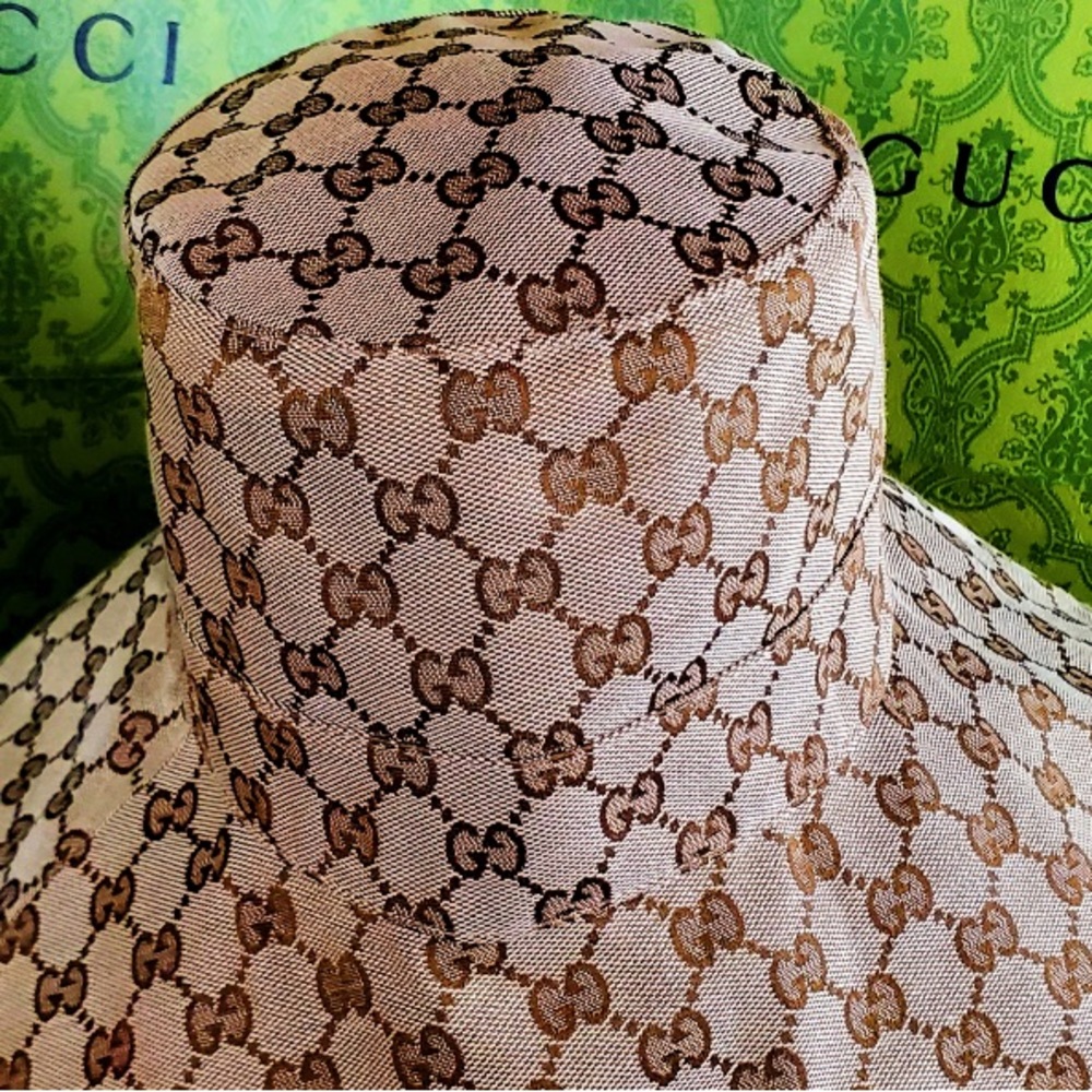 Beige Wide Brim Large Jacquard Canvas Monogram Bucket Hat Sun Coverage Beach New - Picture 16 of 16